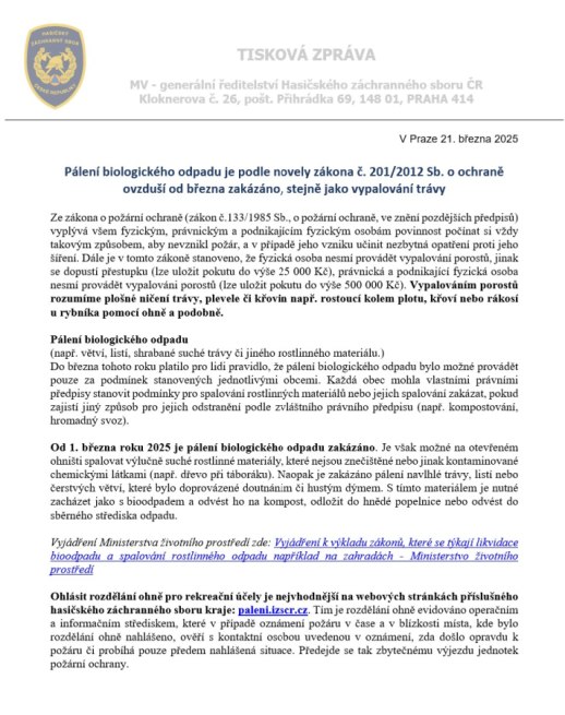 Informace o zákazu pálení biologického odpadu