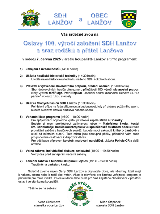 Oslavy 100. výročí založení SDH lanžov a sraz rodáků a přátel Lanžova